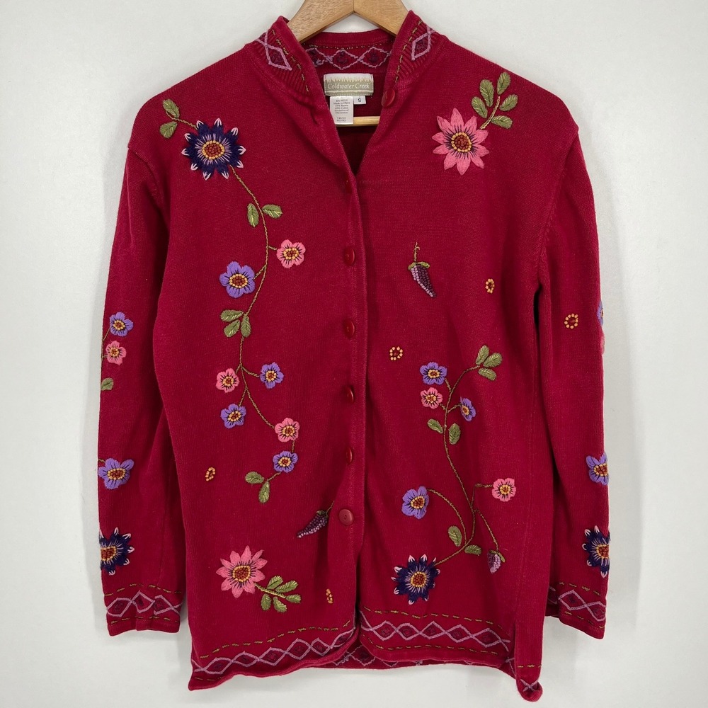 Coldwater Creek Womens Red Floral Embroidered Knit Cardigan Sweater Size S
